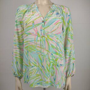 Lilly Pulitzer colorful brush stroke 100% Silk V-Neck blouse top womens Large
